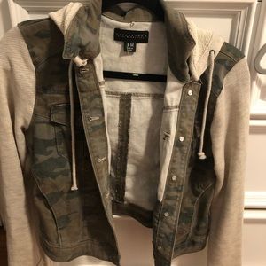 Camouflage Denim Jacket with Knit Sleeves
